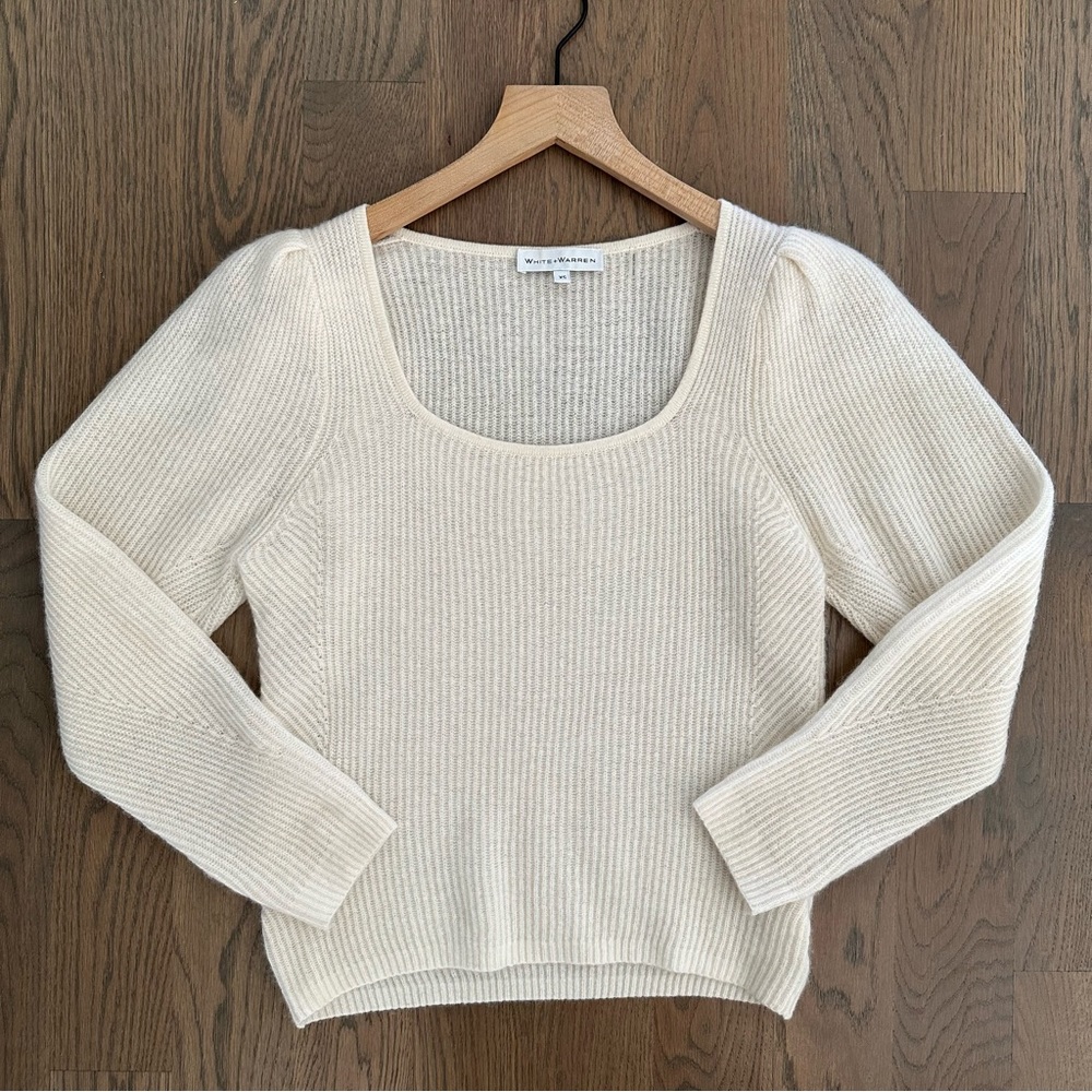 White + Warren 100% Cashmere Ribbed Scoop Neck Puff Sleeve Sweater Soft White XS